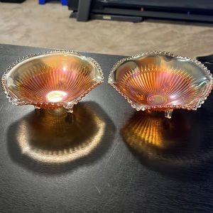 - Set of 2 Marigold Carnival Glass Candy Dishes